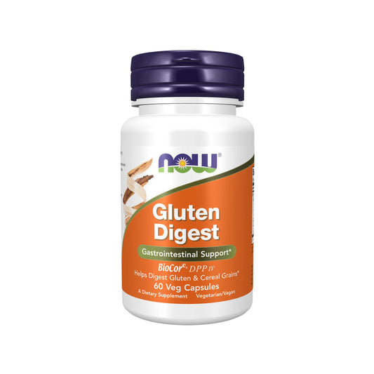 A bottle of NOW Foods Gluten Digest Enzymes for gastrointestinal support has a BioCore® DPP IV enzyme blend. Its orange and white label with blue and green accents indicates it contains 60 vegetarian capsules to help digest gluten and cereal grains.