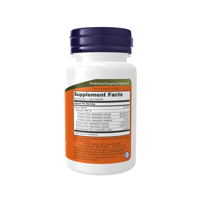 A white bottle with a dark blue cap labeled Probiotics/Enzymes/Digestive features BioCore® DPP IV. The black, green, and orange label shows supplement facts, ingredients, and company info. NOW Foods Gluten Digest Enzymes offer capsules for digestion support with an enzyme blend.
