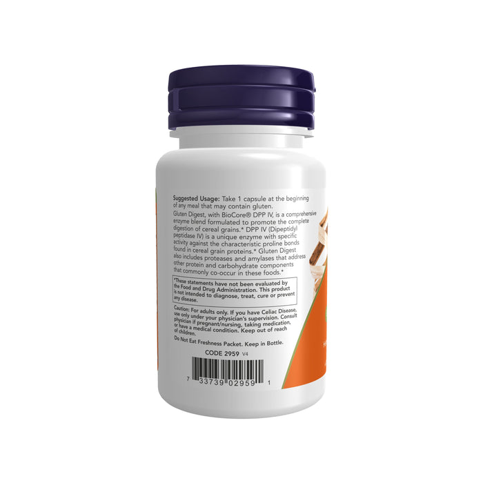 A white bottle with a navy blue cap from NOW Foods showcases a label with usage instructions, ingredients, and a barcode. It details capsule directions, the Gluten Digest enzyme blend, BioCore® DPP IV, and safety warnings for Gluten Digest Enzymes - For Gastrointestinal Support.