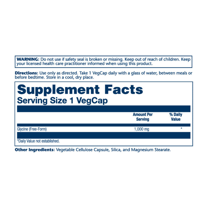 Image of Solaray Glycine Veg Capsule label, detailing a warning about product safety and advising to take one VegCap daily. Supplement Facts include 1,000 mg glycine per serving for liver function support. Other ingredients: cellulose, silica, and stearate.