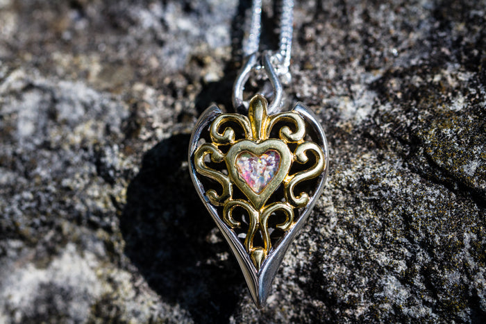 gold filigree heart pendant with white and pink opal. Necklace for Ash, Jewelry for Ash, Cremation Ash Jewelry, Memorial jewelry