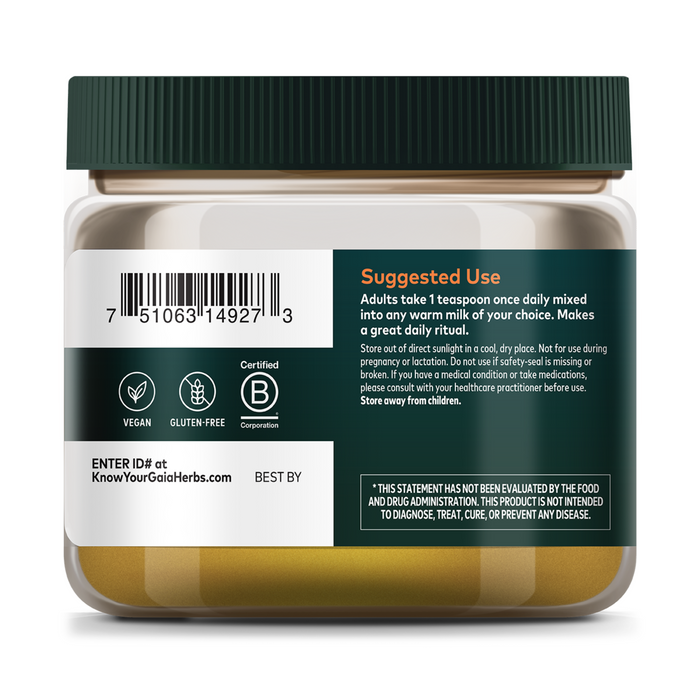 A Gaia Herbs Golden Milk container with a green lid and label showing vegan and gluten-free icons, suggested use, stress support info, a barcode, and a “Best By” date.