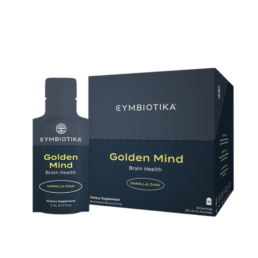 The Cymbiotika Golden Mind dietary supplement for cognitive function features a small bottle and larger box, both in dark colors with striking white and yellow text.