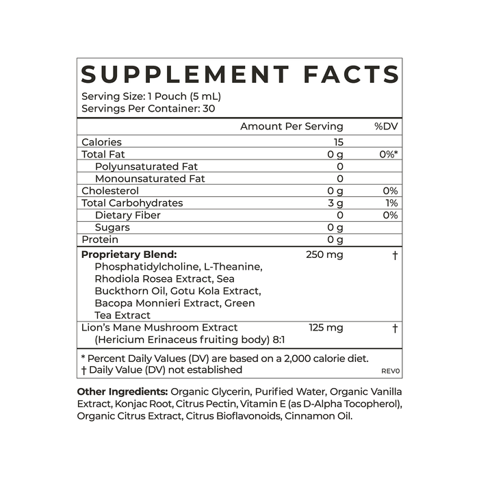 The supplement facts label for Golden Mind by Cymbiotika details a 5 mL serving with calories, fat content, and a 250 mg proprietary blend supporting the gut-brain axis. It includes lions mane mushroom extract for cognitive enhancement, with glycerin and cinnamon oil as additional ingredients.
