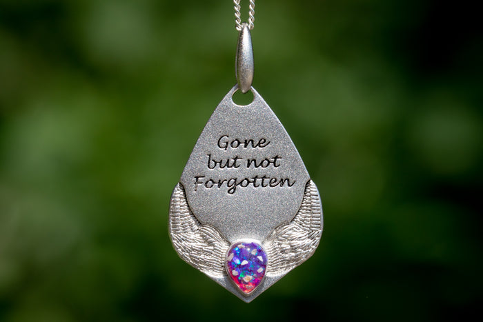 Gone but not forgotten pendant with ble and purple opal. Pendant for Ash, Necklace for Ash, Cremation Ash Jewelry Remembrance Jewelry