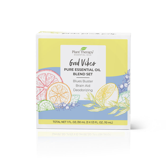 The Good Vibes Pure Essential Oil Blend Set by Plant Therapy is perfect for aromatherapy fans. The white box with citrus and lavender illustrations features Blues Buster, Brain Aid, and Deodorizing blends and has cheerful yellow accents.