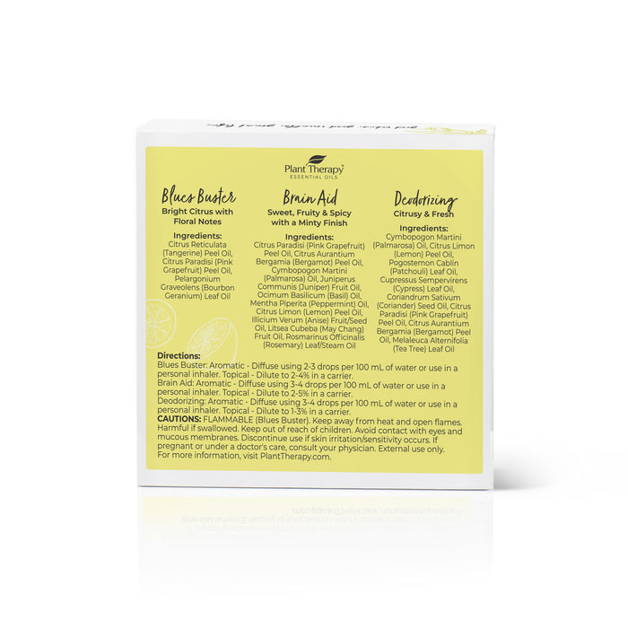 The Good Vibes Pure Essential Oil Blend Set from Plant Therapy features aromatherapy delights in a box with a yellow label, including Blues Buster, Brain Aid, and Deodorizing oils. Ingredients and directions for each blend are thoughtfully included.