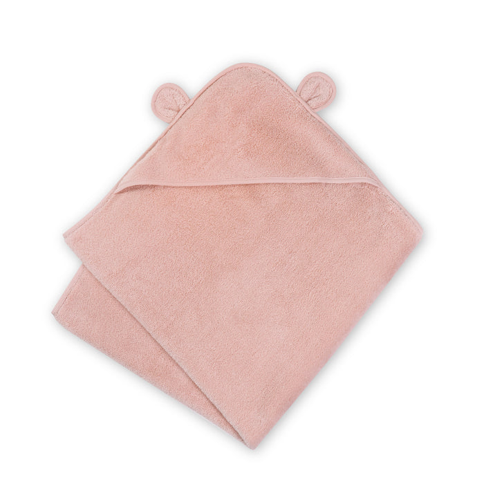 The Natemia GOTS Certified 100% Organic Cotton Hooded Baby Towel is ultra-soft and absorbent, in pink with small round ear designs on the hood, laying flat against a white background.