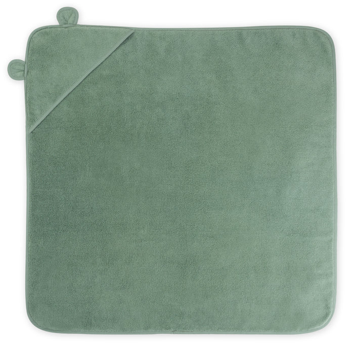 The Natemia GOTS Certified, 100% Organic Cotton Hooded Baby Towel offers ultimate comfort with its plush, ultra-soft texture. This square green towel features a cozy corner hood adorned with two fabric ears, ensuring absorbency and safety for your little one.