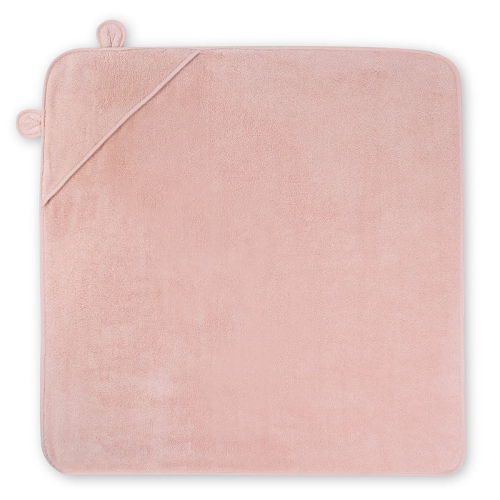 The Natemia hooded baby towel, in light pink with cute ears, is crafted from plush GOTS certified 100% organic cotton for ultra-soft and absorbent comfort for your little one, showcased against a plain white background.