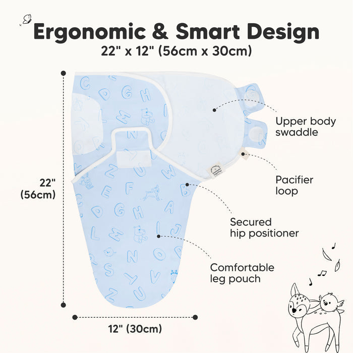 Diagram of an ergonomic baby swaddle in blue with letters. Features include an upper body swaddle, pacifier loop, secured hip positioner, and comfortable leg pouch. Measurements are 22" x 12" (56cm x 30cm). Cute animal illustrations at the bottom.