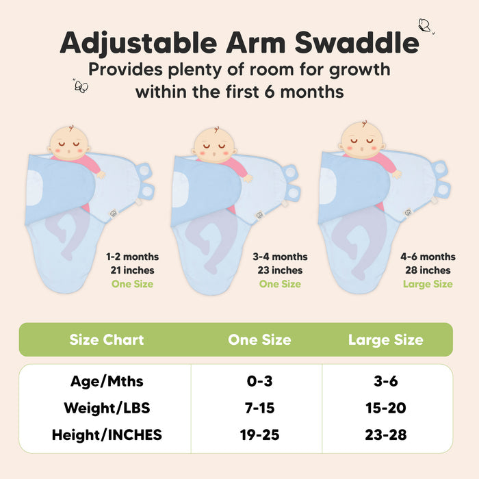 Illustration of an adjustable arm swaddle for infants, showing three growth stages: 1-2 months, 3-4 months, and 4-6 months. Includes a size chart with age, weight, and height ranges for "One Size" and "Large Size.