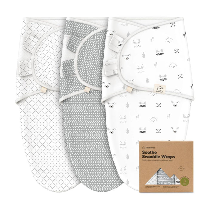 The KeaBabies GOTS Certified, 100% Organic Cotton Soothe Swaddle Wraps set includes three wraps featuring crosshatch, zigzag, and animal face designs. Packed in a brown box labeled Soothe Swaddle Wraps, its ideal for parents seeking sustainable baby products.