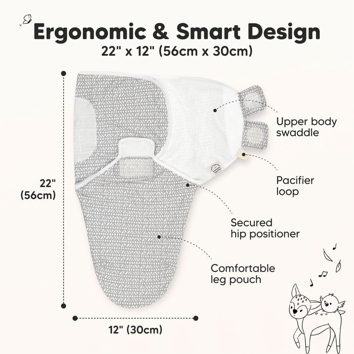 Image of a gray and white baby swaddle design with labeled features: upper body swaddle, pacifier loop, secured hip positioner, and comfortable leg pouch. Dimensions are 22" x 12" (56 cm x 30 cm). Cartoon of two playful animals at the bottom.
