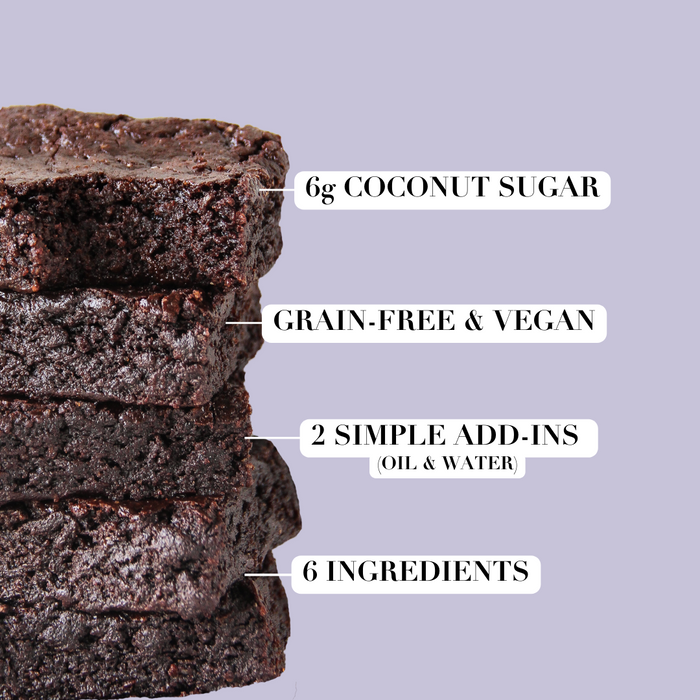 Stack of chocolate fudge brownies. Includes text: 6g coconut sugar, grain-free & vegan, 2 simple add-ins (oil & water), 6 ingredients