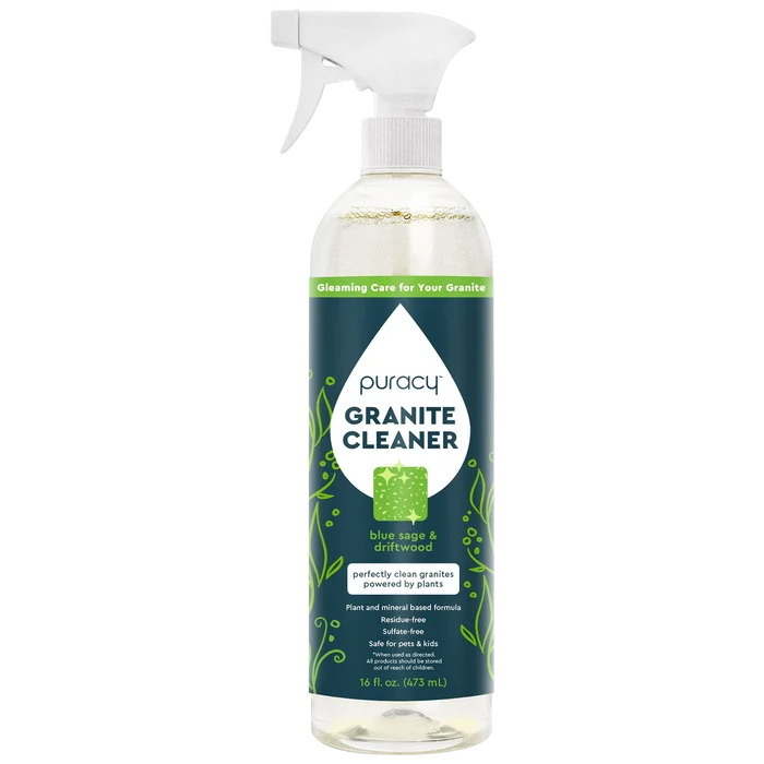 16 fl oz spray bottle of Granite Cleaner by Puracy, featuring a blue sage and driftwood scent.