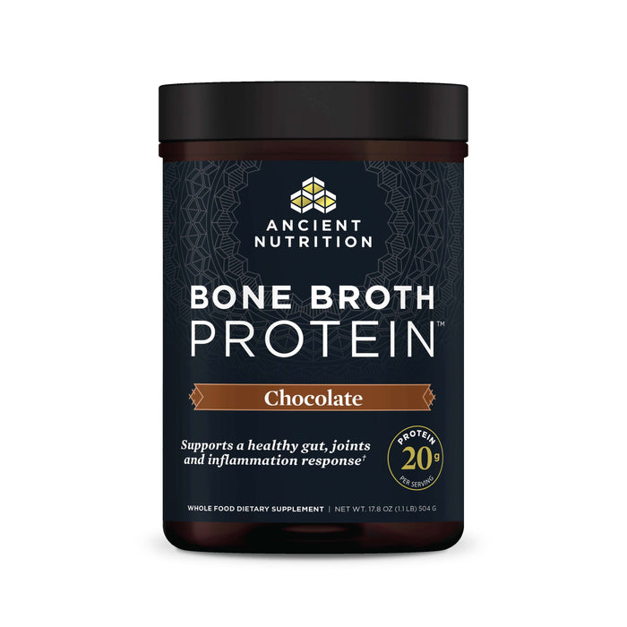 Ancient Nutritions Grassfed Beef Bone Broth Protein Concentrate in rich chocolate flavor offers 20g protein per serving. It supports gut and joint health, addressing inflammation. The packaging sports a geometric pattern on a dark background for a sleek, modern look.