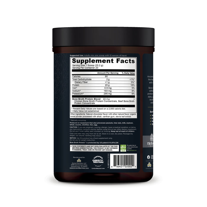 The back of a brown Grassfed Beef Bone Broth Protein Concentrate container by Ancient Nutrition shows the Supplement Facts label detailing calories, carbohydrates, a protein blend including bone broth protein, and daily values. The emphasis on gut health is highlighted against a clean white background.