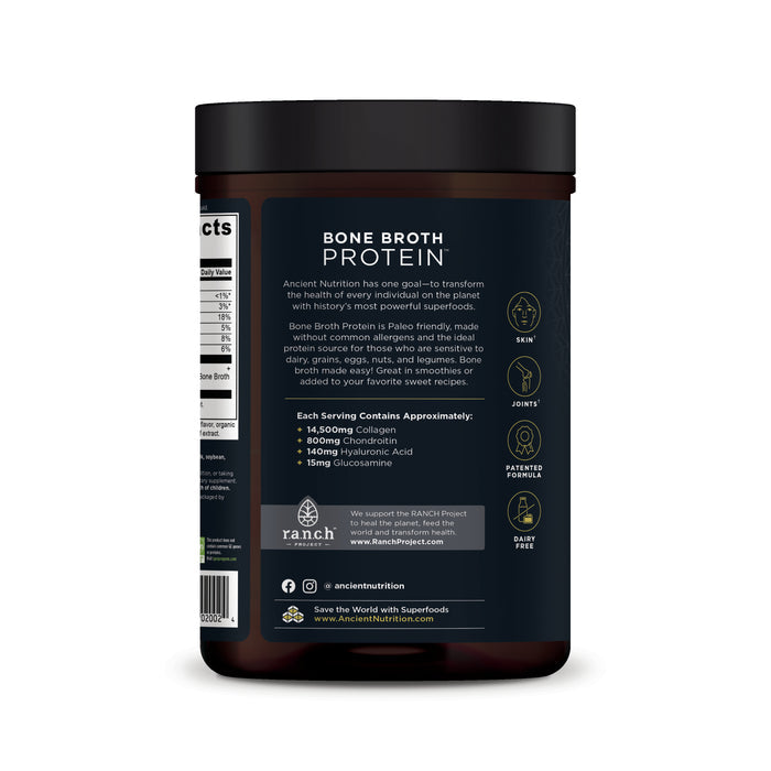 A brown container with a black label from Ancient Nutrition showcases Grassfed Beef Bone Broth Protein Concentrate, emphasizing joint health. It contains collagen, chondroitin, hyaluronic acid, and glucosamine to support skin vitality and gut health.
