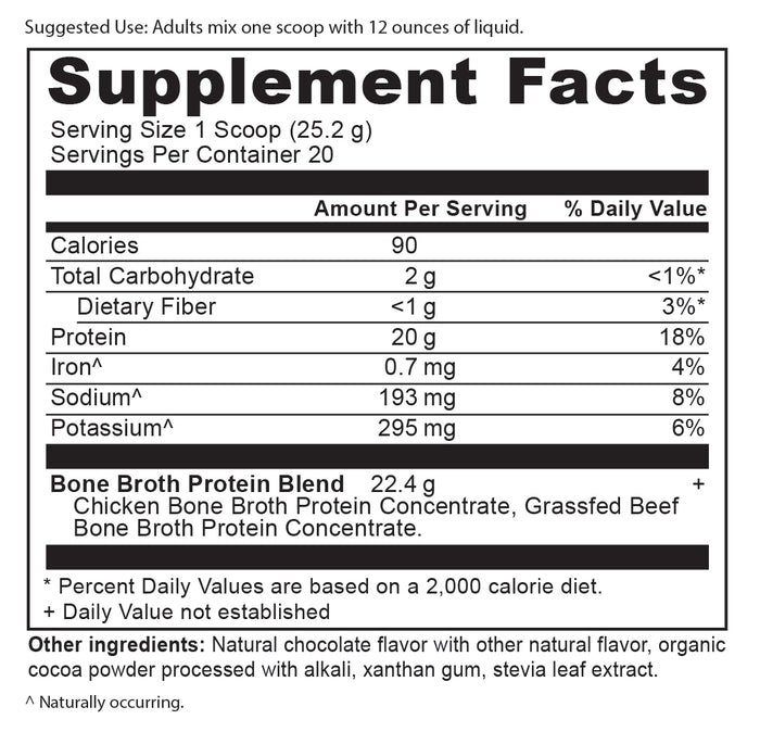 A supplement facts label with nutritional information for protein powder. Highlights include 90 calories, 22.4g of protein, negligible fat, and 1g of carbohydrates per serving. Contains details on ingredients and daily value percentages.