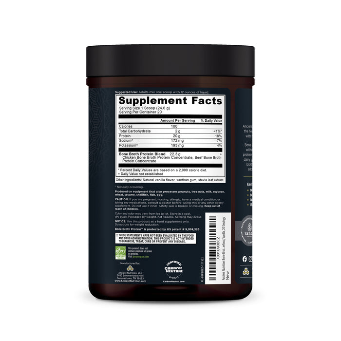 The image shows the back of a dark jar labeled Supplement Facts. It provides nutritional information, ingredients, and a barcode. The jar highlights joint health with a natural vanilla flavor and features Ancient Nutritions Grassfed Beef Bone Broth Protein Concentrate. Small icons and fine print are at the bottom.
