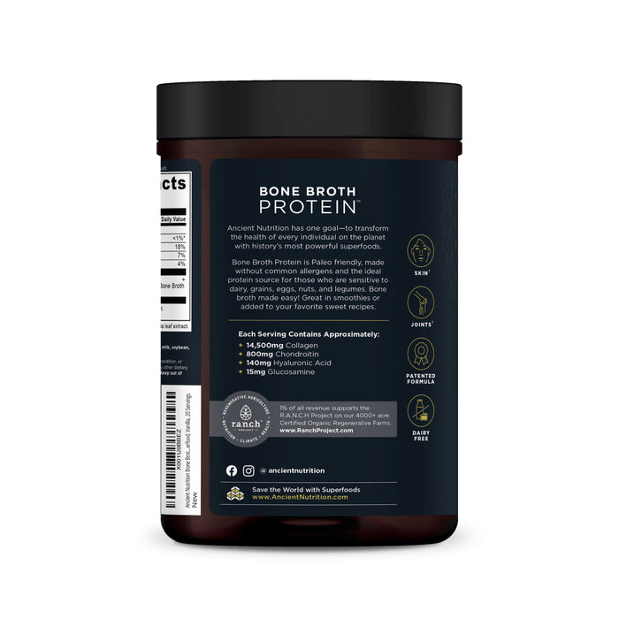 A dark brown bottle labeled Grassfed Beef Bone Broth Protein Concentrate from Ancient Nutrition supports joint and gut health, highlights benefits for skin and joints, lists collagen ingredients, and includes a QR code, website, and social media links at the bottom.