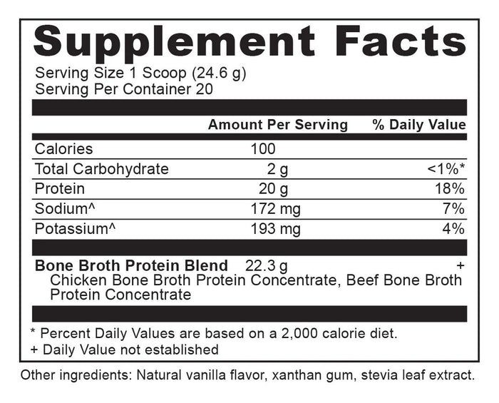 Supplement Facts label for bone broth protein blend. Serving size: 1 scoop (24.6g). Contains 100 calories, 2g carbohydrates, 20g protein, 172mg sodium, and 193mg potassium. Ingredients include chicken and beef bone broth protein concentrates.