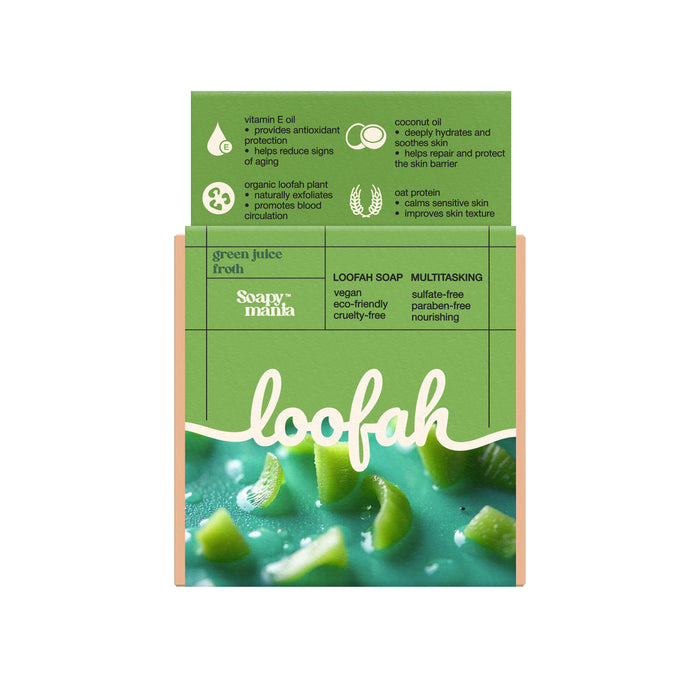 A green and brown Soapymania Green Juice Froth Exfoliating Loofah Bar Soap—vegan, cruelty-free, multitasking body scrub for sensitive skin with coconut oil, vitamin E, and natural loofah exfoliator pieces.