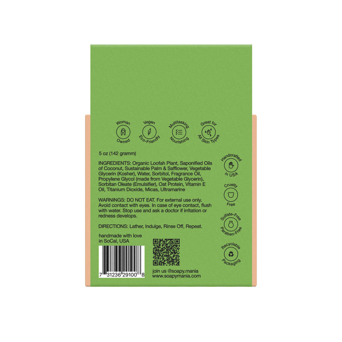 Back of Soapymanias Green Juice Froth Exfoliating Loofah Bar Soap box lists ingredients, warnings, and directions. Vegan and cruelty-free icons highlight benefits. Shows natural exfoliator info, barcode, company details, and social media at the bottom.
