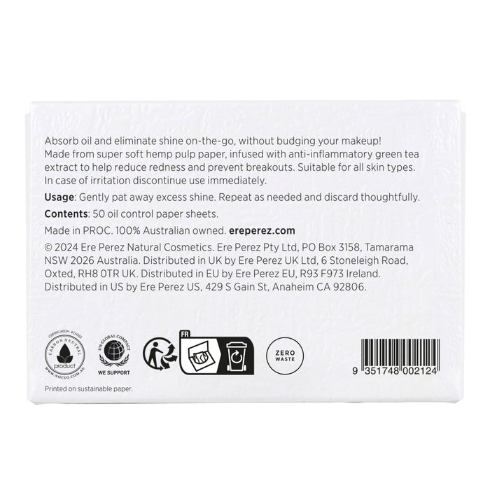 The back of the Ere Perez Green Tea Oil Control Papers package highlights its eco-friendly features like super soft hemp pulp paper, anti-inflammatory properties with green tea oil control, and includes manufacturing details and contact info for a zero-waste pledge.