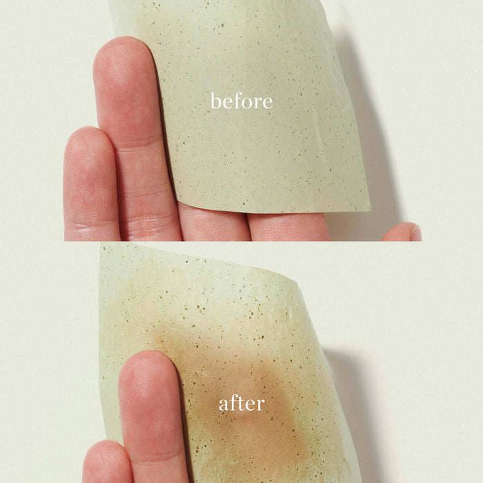 Two images display Ere Perezs Green Tea Oil Control Papers on fingers. The top, labeled before, is clean, while the bottom is dark and oily, labeled after, showcasing effective oil absorption and control.