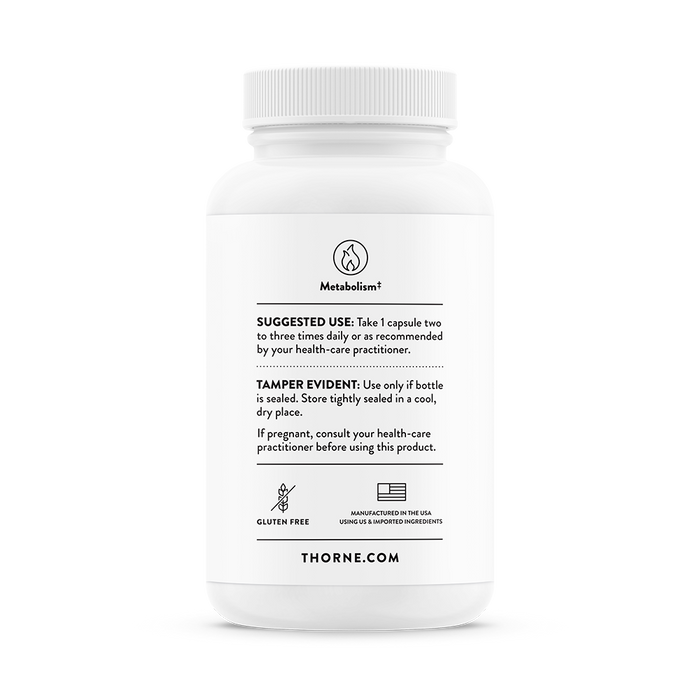 The white bottle of Thornes Green Tea Phytosome features a label with usage instructions, tamper-evident notice, and precautions. Its gluten-free, made in the USA, infused with green tea antioxidants, and displays THORNE.COM at the bottom.