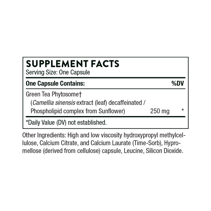A supplement facts label detailing ingredients of a capsule. The main ingredient is Green Tea Phytosome, containing Camellia sinensis extract. Other ingredients include calcium compounds, propyl methylcellulose, and leucine.