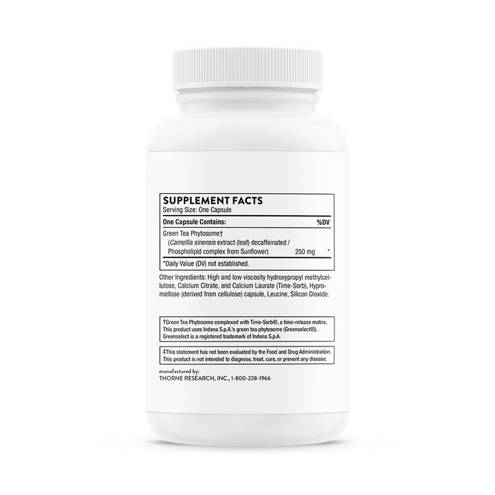 The Thorne Green Tea Phytosome bottle highlights SUPPLEMENT FACTS, featuring 250 mg of fat-burning, antioxidant-rich Green Tea Phytosome made from decaffeinated Camellia sinensis extract and sunflower phosphatidylcholine. Contact info is provided below.