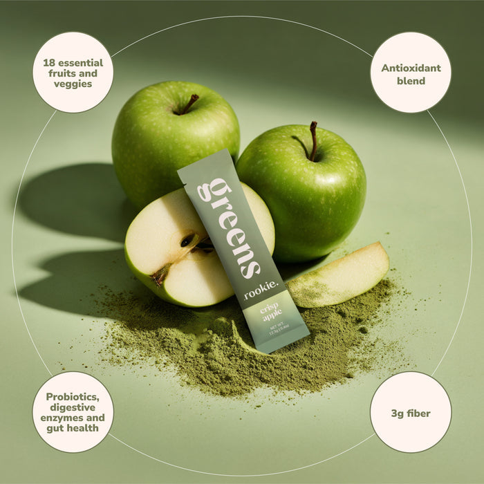 A packet labeled Rookie Wellness Greens + Superfood with green powder, two whole green apples, and one sliced apple on a green surface. Four text bubbles highlight fruits/veggies, antioxidants, probiotics for gut health, and fiber.