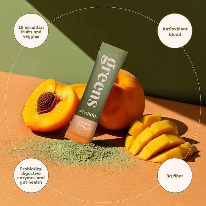 A tube of Rookie Wellness Greens + Superfood sits on green powder with sliced peach and mango nearby. Four text bubbles note: daily greens, probiotic gut support, antioxidant blend, and 3g fiber.
