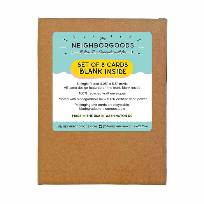 A recyclable brown cardboard box from The Neighborgoods holds an 8-piece original artwork thank you card set, each blank and sized at 5 x 5.5 inches. Made from 100% recycled kraft materials and biodegradably inked, these cards are crafted in Washington DC.