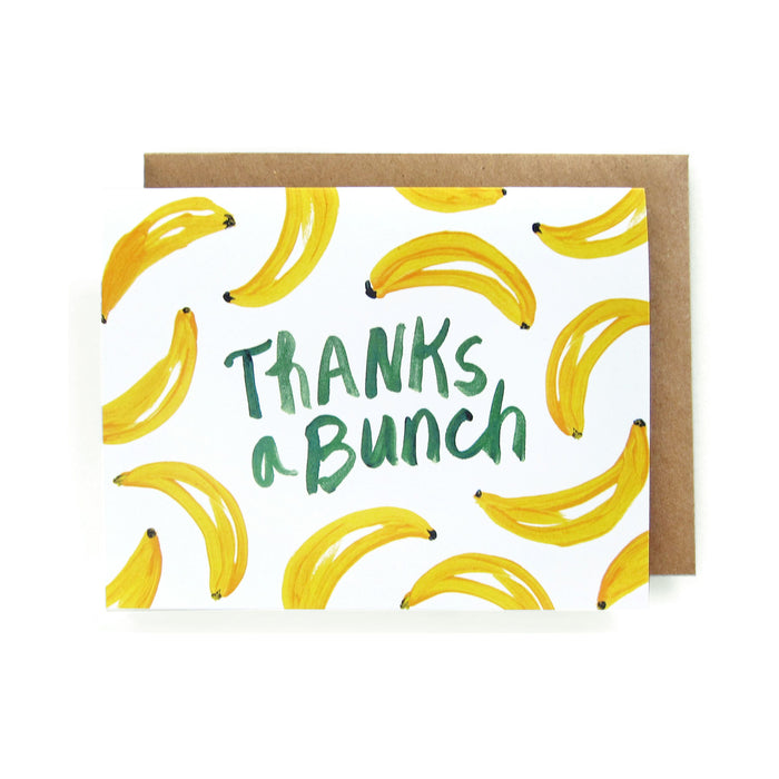 The Neighborgoods Greeting Cards feature original Thanks a bunch artwork in green with yellow banana illustrations. Each card comes with a brown envelope and is packaged in an eco-friendly, recyclable cardboard box.
