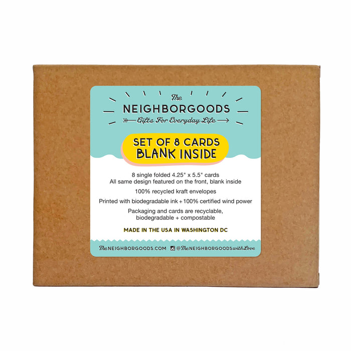 A brown box from The Neighborgoods contains 8 blank thank you cards with envelopes, featuring original artwork, crafted in Washington, DC. The label details their size and sustainable materials.