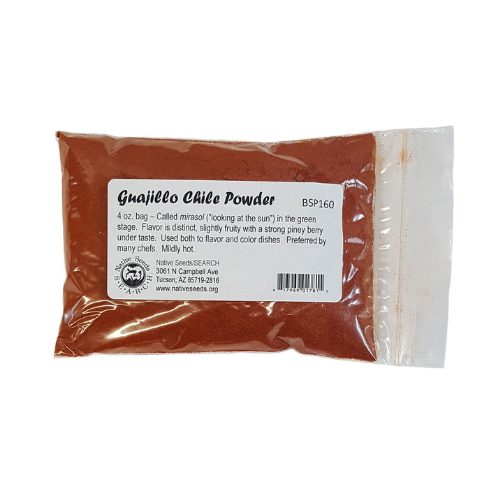 guajillo chile powder. Flavor is distinct, slightly fruity with a strong piney berry under taste Used to both flavor and color dishes Preferred by many chefs Mildly hot Called mirasol ("looking at the sun") in the green stage. 4 ounce bag