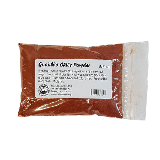 guajillo chile powder. Flavor is distinct, slightly fruity with a strong piney berry under taste Used to both flavor and color dishes Preferred by many chefs Mildly hot Called mirasol ("looking at the sun") in the green stage. 4 ounce bag