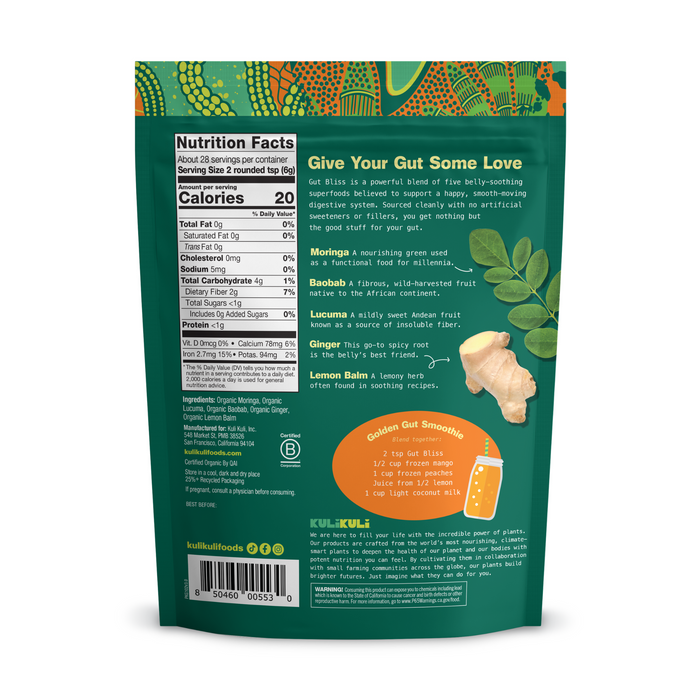 Back of a green and orange Gut Bliss Organic Superfood Blend pouch by Kuli Kuli Foods. Shows nutrition facts, ingredients, gut health perks from prebiotic fiber and superfoods, images of ginger and leafy plants, plus a smoothie recipe.