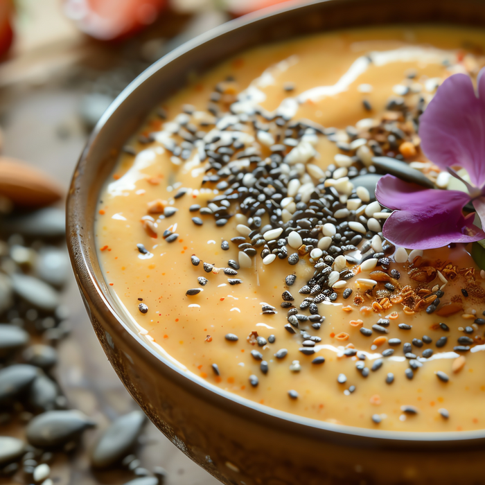 A close-up of a smoothie bowl made with Kuli Kuli Foods Gut Bliss Organic Superfood Blend, topped with black and white sesame seeds for gut health, and garnished with a purple edible flower on a creamy orange base.