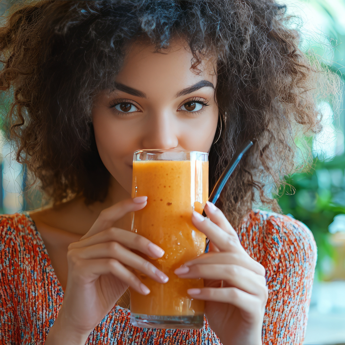 A woman with curly hair enjoys Kuli Kuli Foods Gut Bliss Organic Superfood Blend—a gut health-boosting, prebiotic fiber orange smoothie—as she smiles and brings the vibrant drink close to her face in a bright, cozy space.