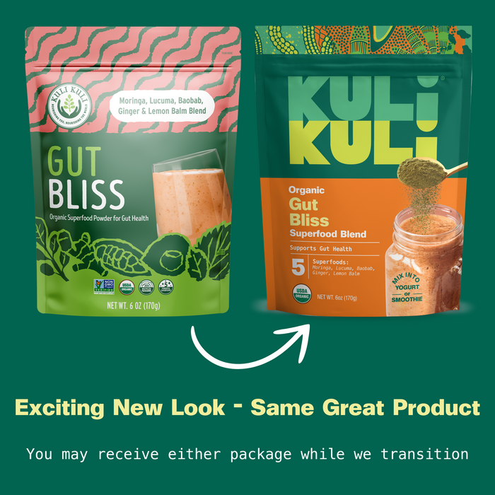 Two packages of Kuli Kuli Foods Gut Bliss Organic Superfood Blend are shown. Packed with superfoods and prebiotic fiber for gut health. Exciting new look—same great product. You may receive either package during our transition.