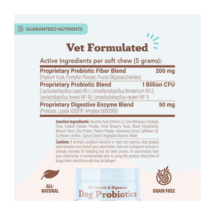 The image displays a label for Natural Dog Companys Gut Health & Digestion Dog Probiotics, highlighting vet formulation, active ingredients, prebiotic fiber, probiotic blend, and digestive enzymes. This all-natural, grain-free product enhances gut health and digestion while supporting the immune system.