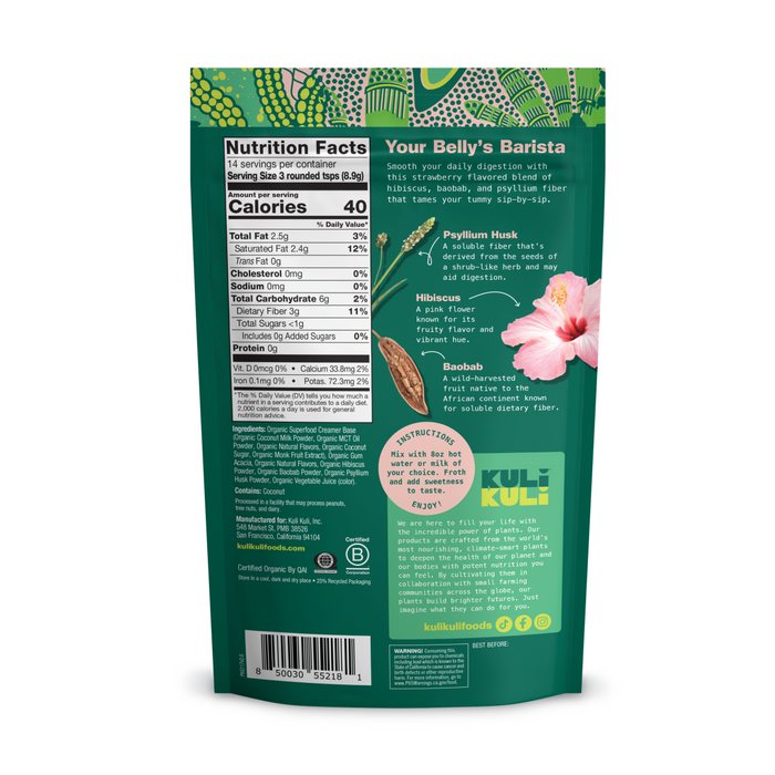 Back view of a green Kuli Kuli Foods Gut Health Organic Superfood Latte package featuring nutrition facts, ingredients, a hibiscus fiber blend, product description, plant and flower illustrations, and a barcode at the bottom.