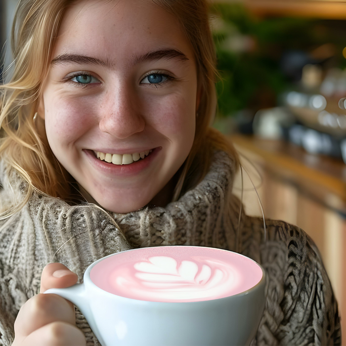 A smiling young woman in a chunky knit sweater enjoys a large cup of Kuli Kuli Foods Gut Health Organic Superfood Latte, savoring its cozy café vibes and gentle support for digestion.