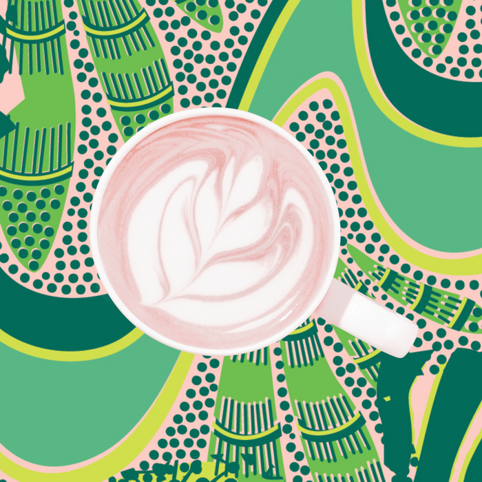 A cup of Kuli Kuli Foods Gut Health Organic Superfood Latte with leaf-shaped latte art sits on a vibrant green, yellow, and pink abstract background.