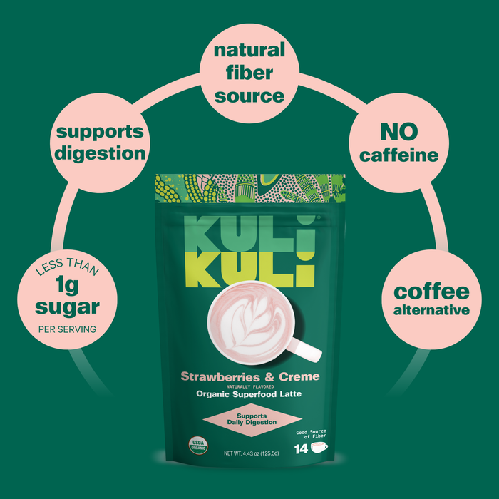 A green pouch of Kuli Kuli Foods Gut Health Organic Superfood Latte offers a fiber-rich blend, supports digestion, contains less than 1g sugar per serving, is caffeine-free with hibiscus, and serves as a coffee alternative.